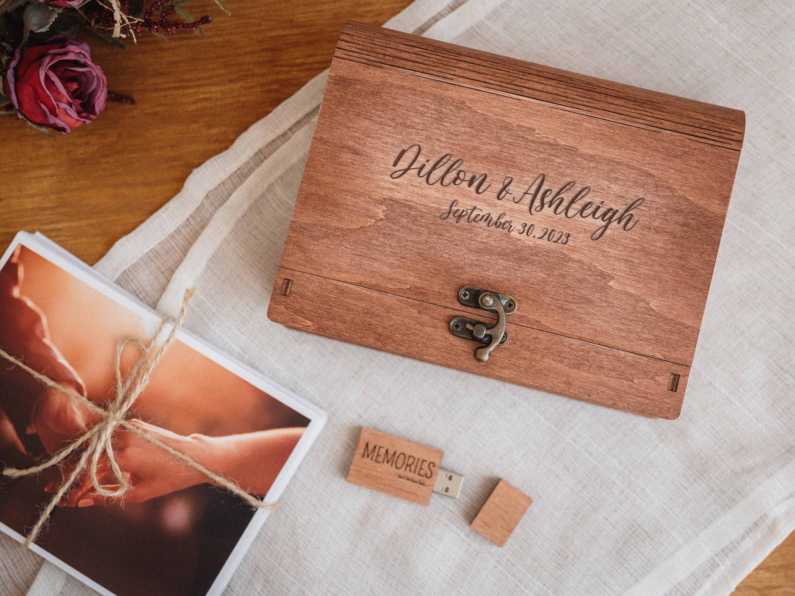 Personalized wedding photo box with wooden USB flash drive and prints
