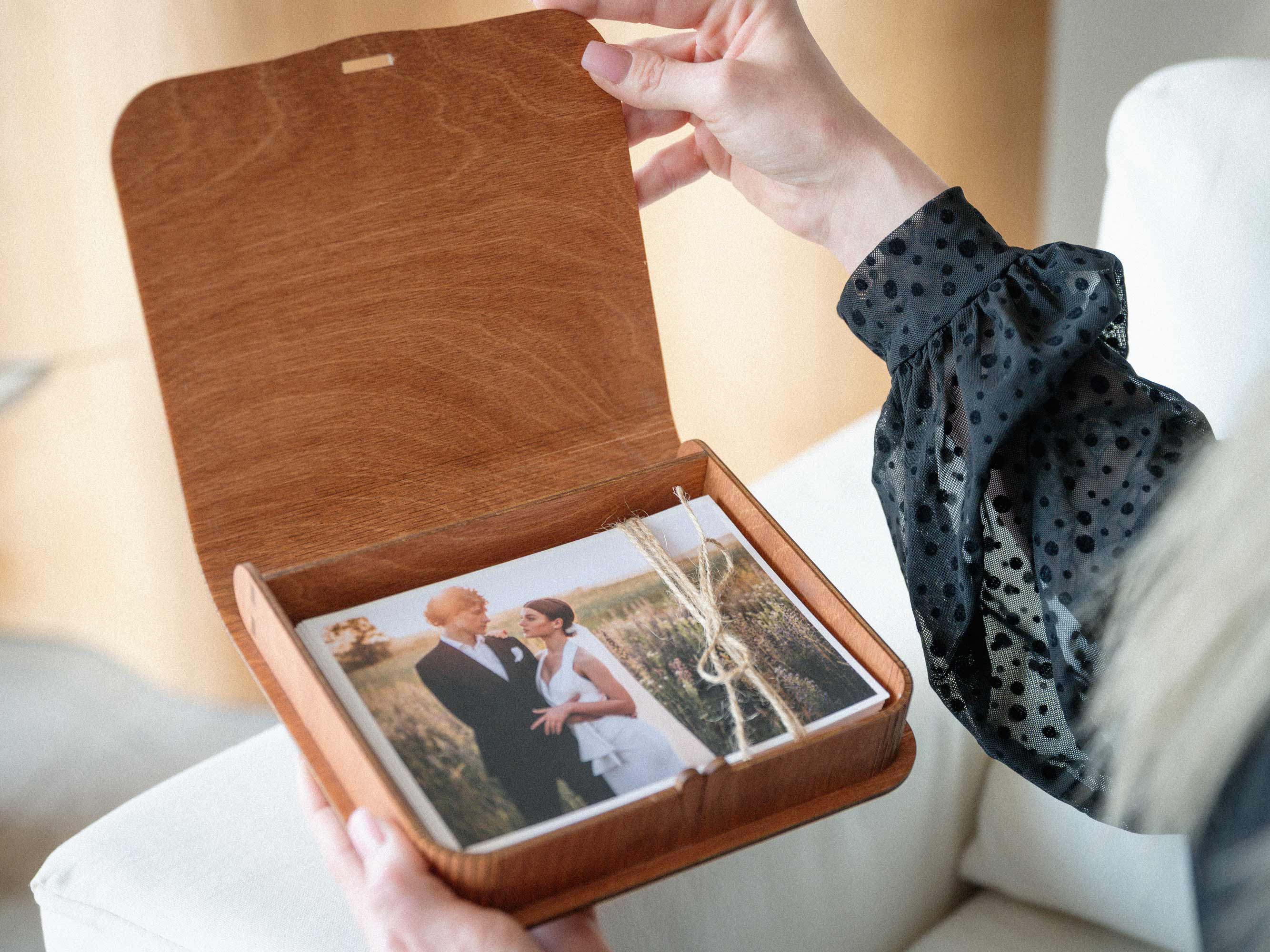 Open teak wooden photo keepsake box for printed photos with engraved lid