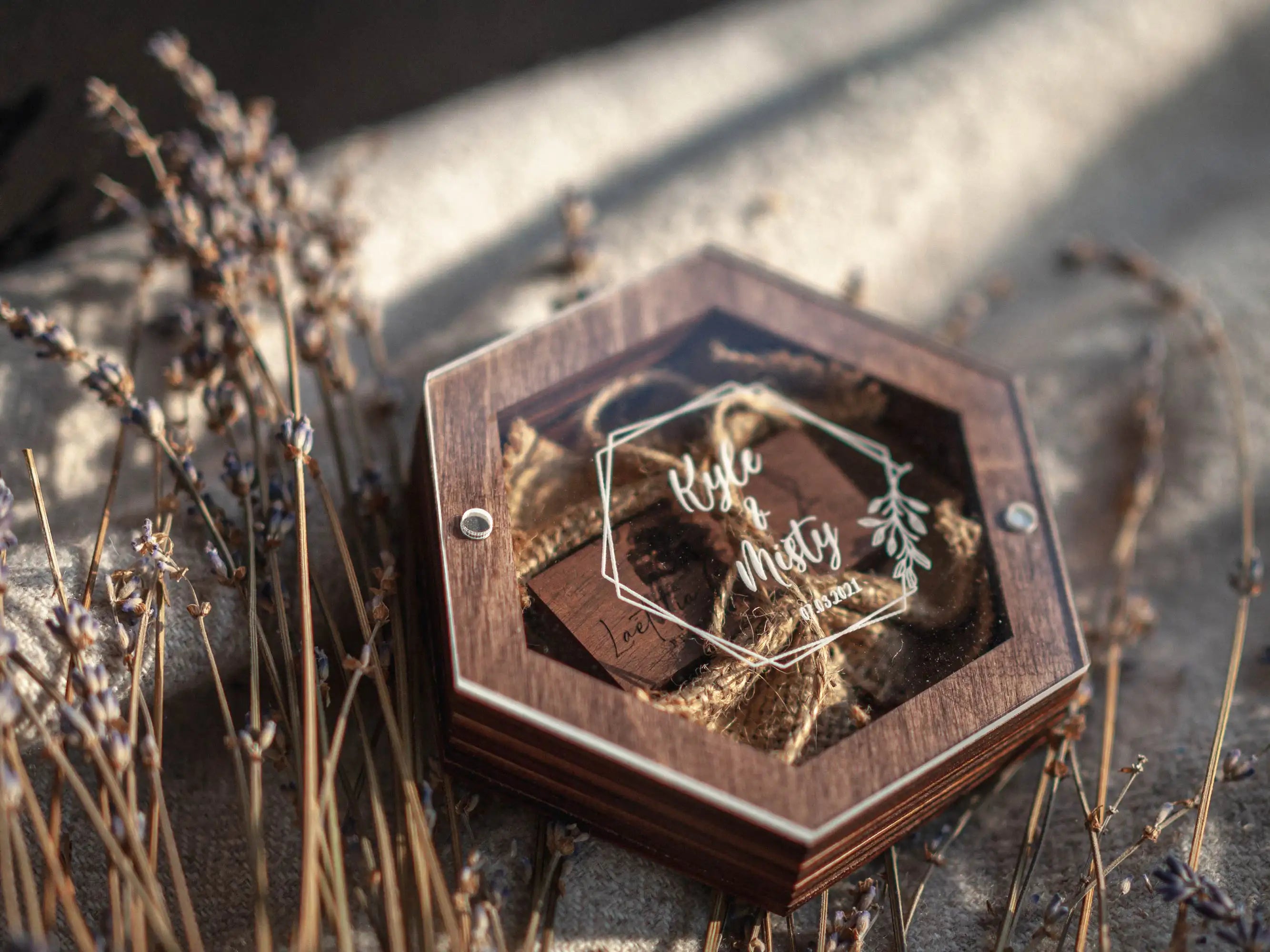Walnut wedding USB box with wooden flash drive and personalized acrylic lid