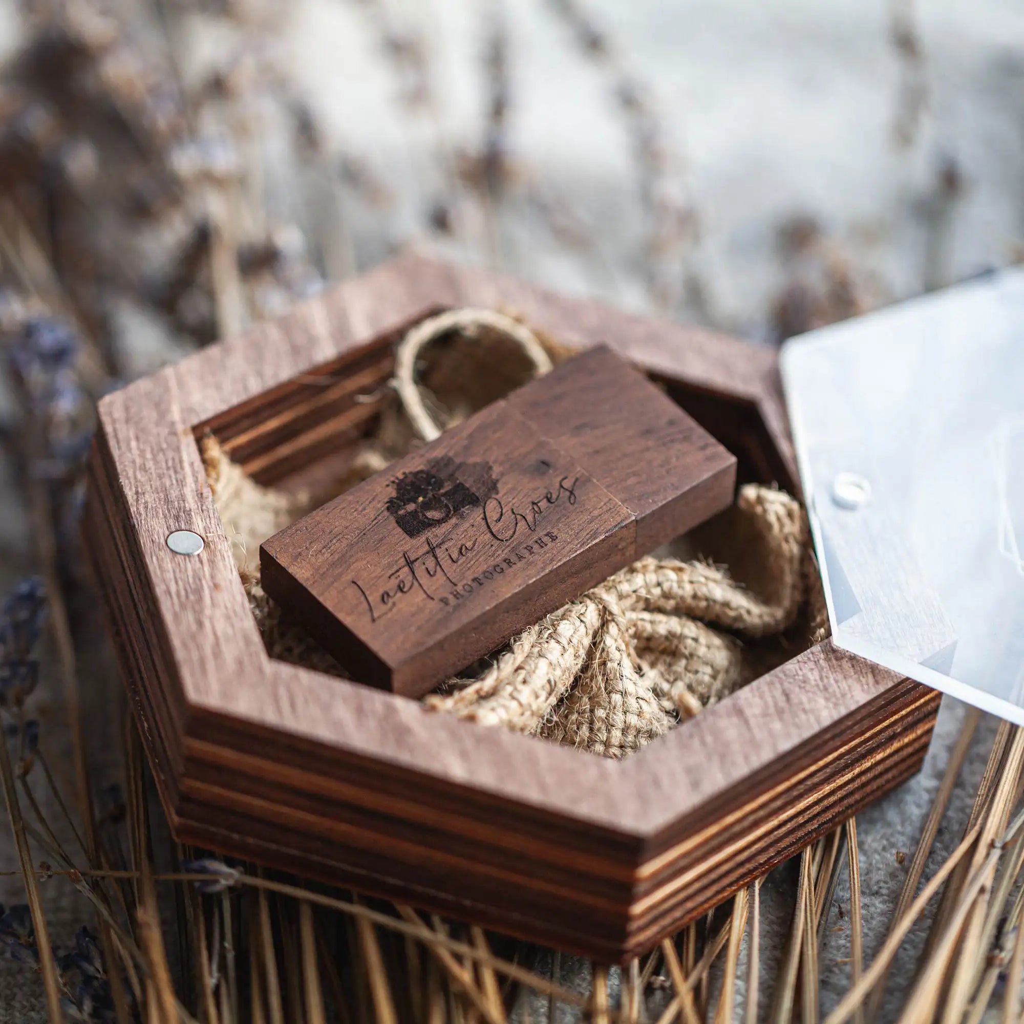 Walnut wedding USB box with wooden flash drive inside and acrylic lid