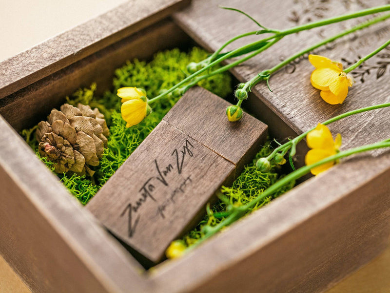 Vintage Wooden Box with Decorative Moss and USB Drive (option)
