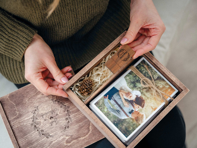 Vintage Wooden Wedding Photo Box with USB & Custom Lid - NZHANDICRAFT