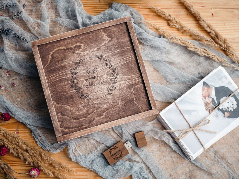 Vintage Wooden Wedding Photo Box with USB & Custom Lid - NZHANDICRAFT