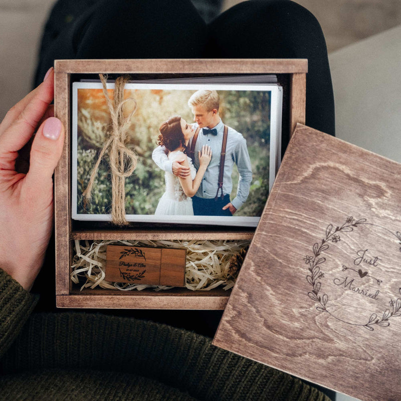 Vintage Wooden Wedding Photo Box with USB & Custom Lid - NZHANDICRAFT