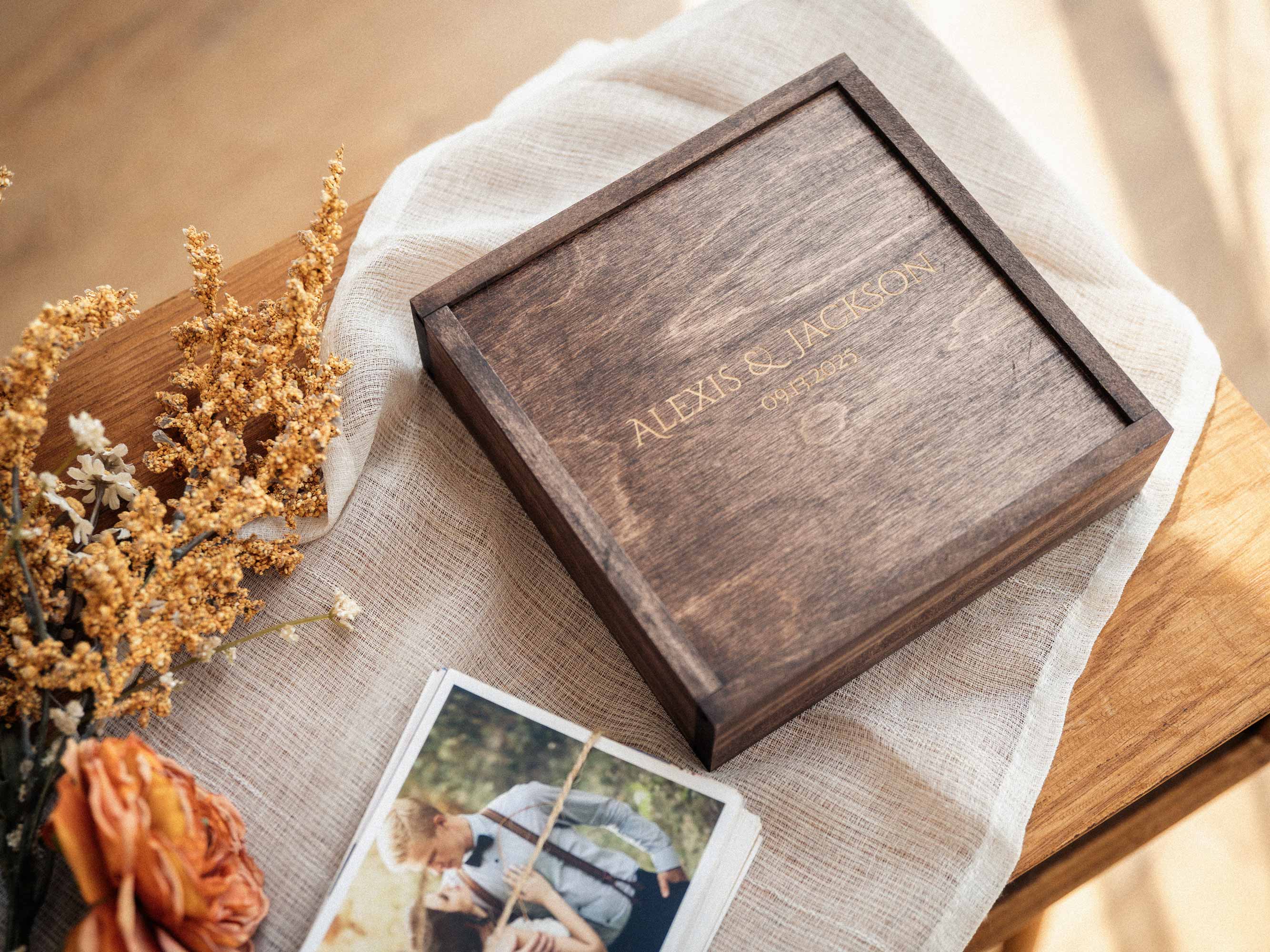 Walnut Classic ash wood photo box with personalized engraving for wedding prints
