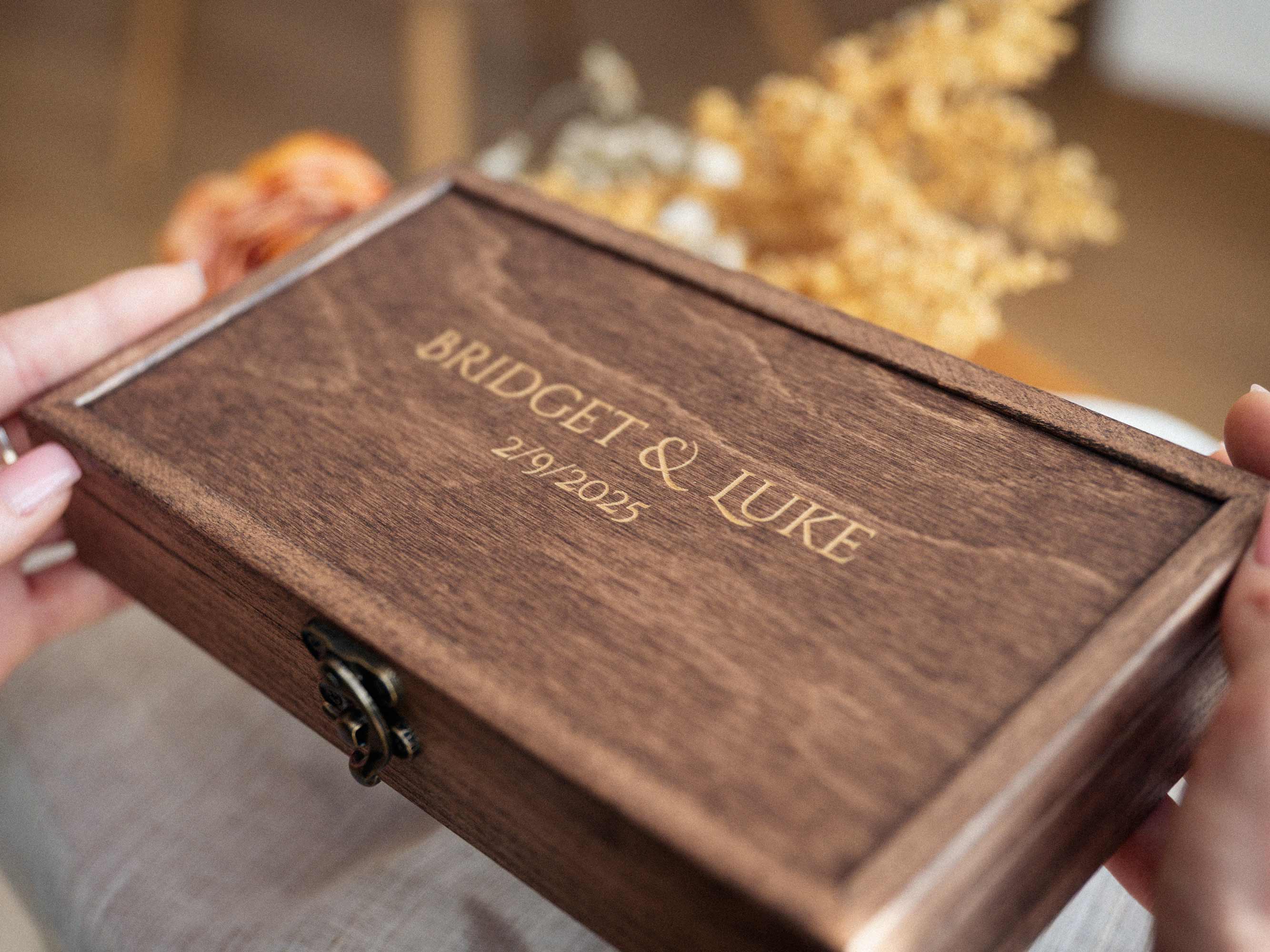 Personalized Walnut Classic ash wood photo box with engraved wedding names