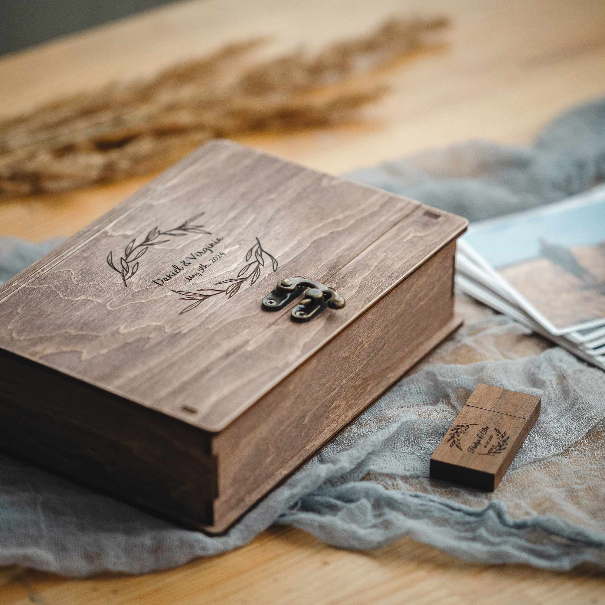 Walnut wedding photo box styled with photo prints, personalized packaging for photographers