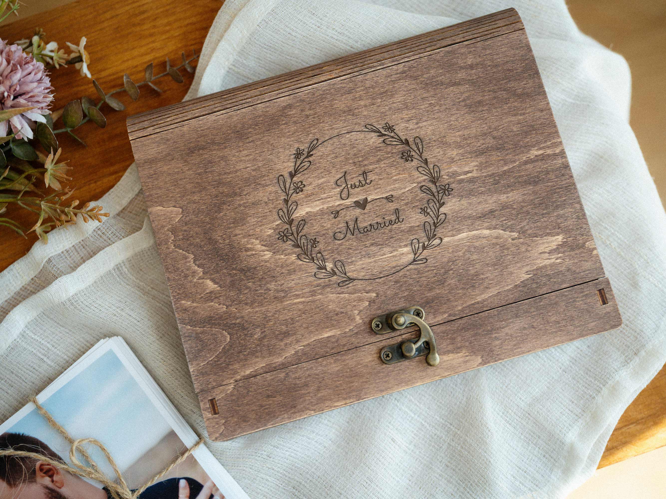 Walnut Vintage wedding photo box with engraved lid