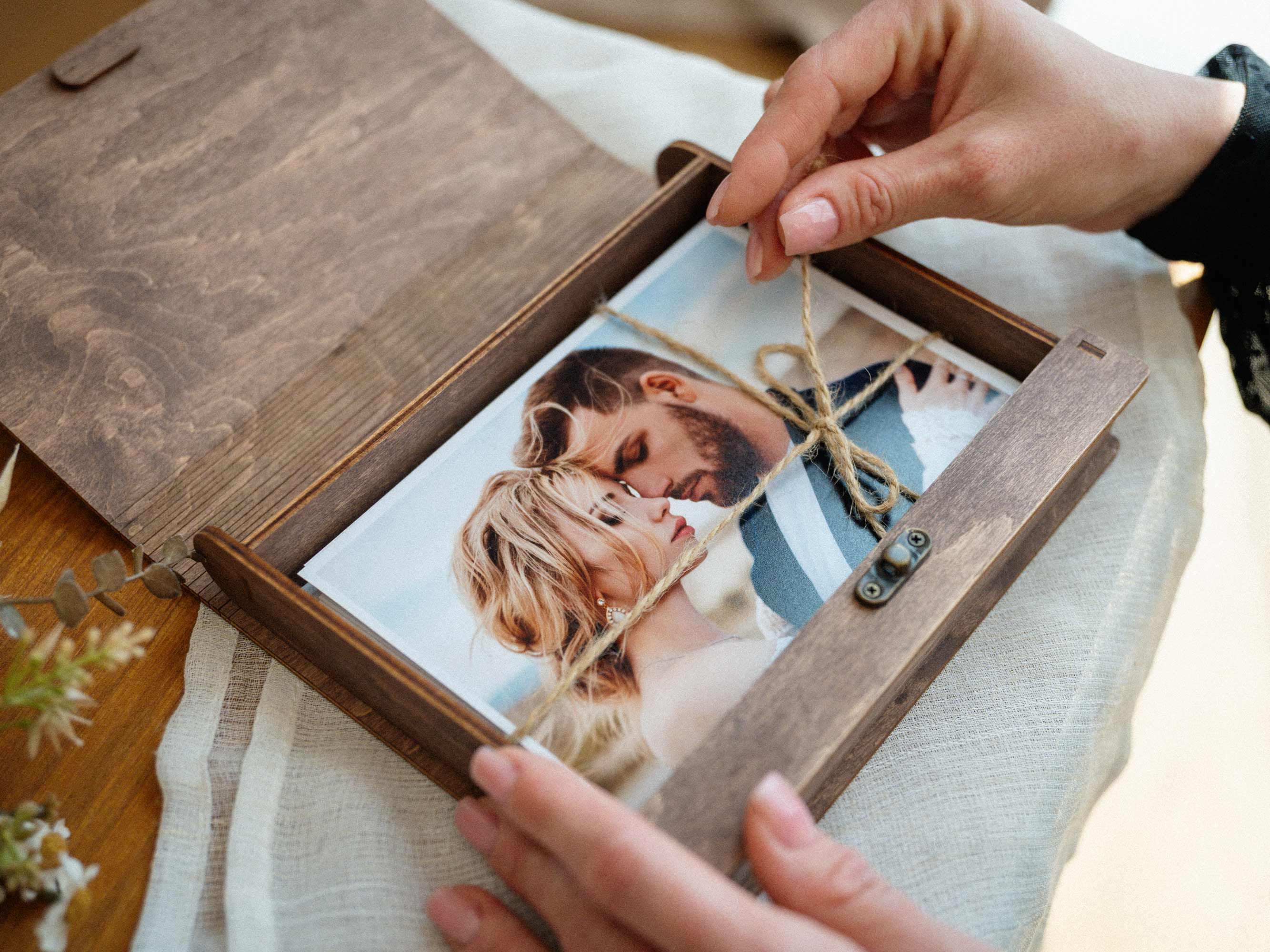 Walnut Vintage photo box shown opening with wedding print