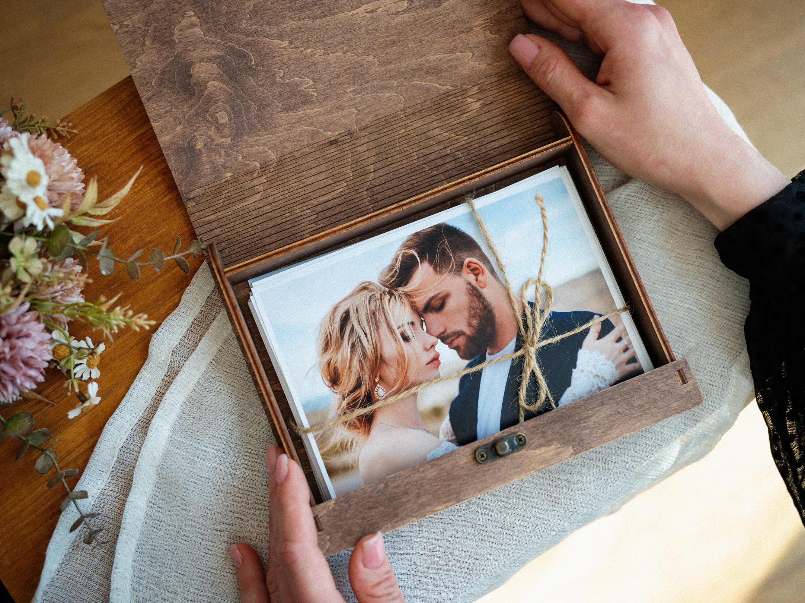 Open Walnut Vintage photo box with wedding print inside
