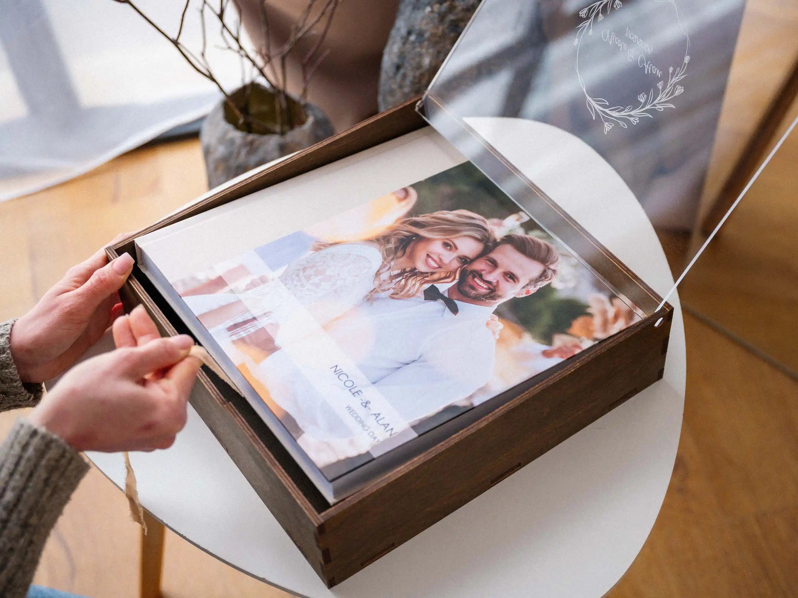 Walnut wedding album box with acrylic lid and 12x12 photo album inside
