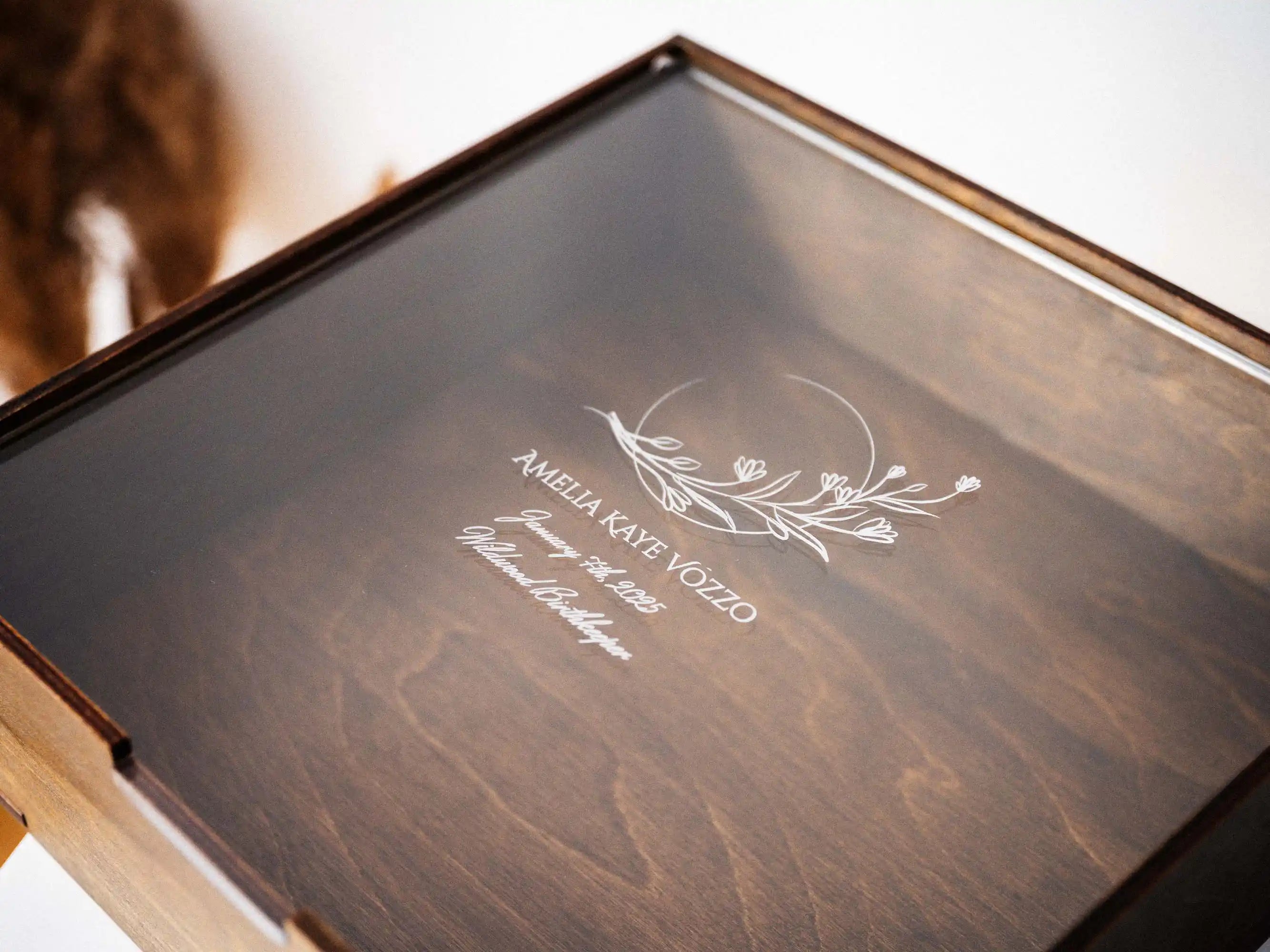 Personalized walnut album box interior with engraved acrylic lid