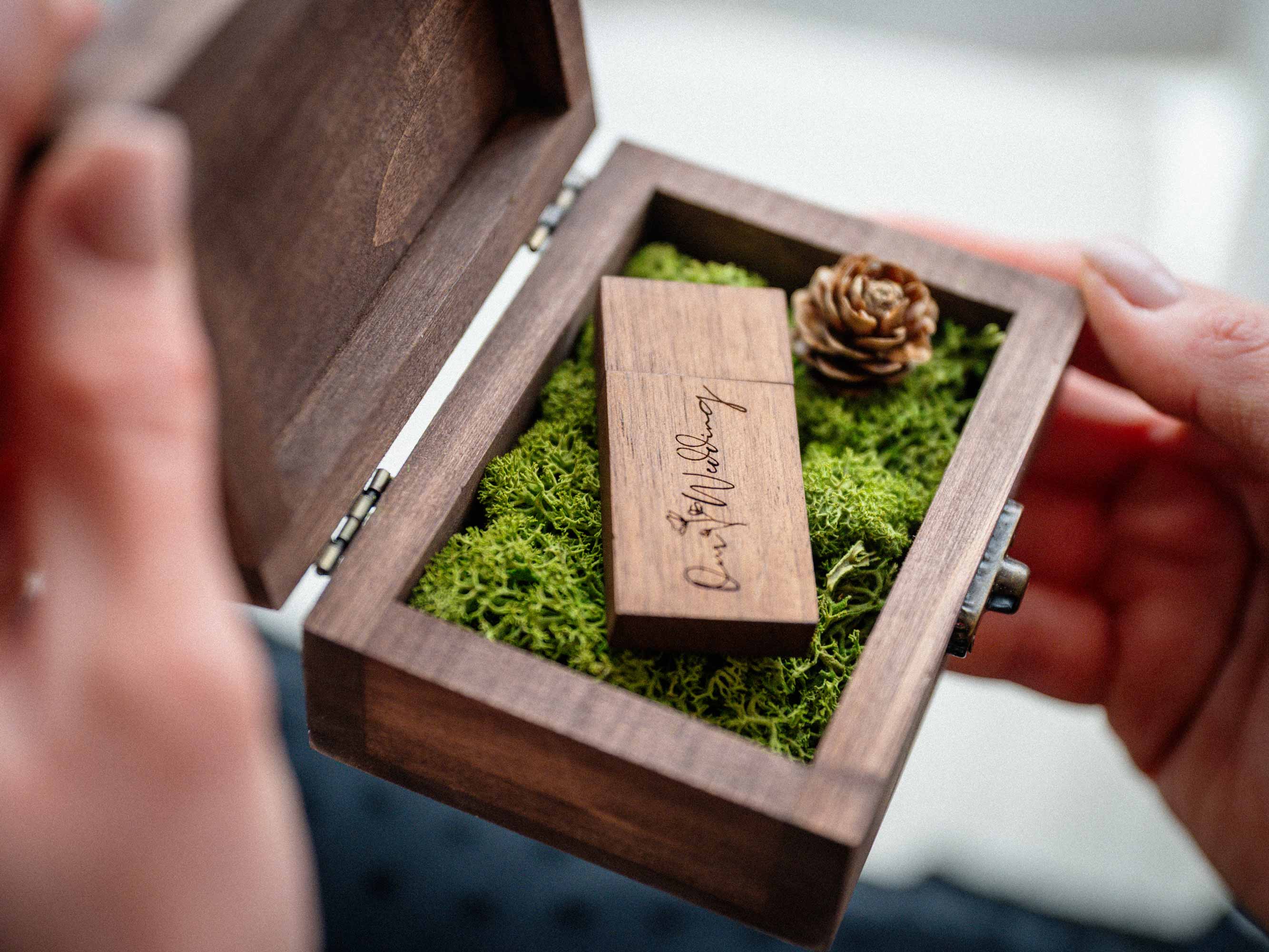 Walnut wooden USB box with engraved wooden flash drive, Scandinavian moss and pine cone in hands