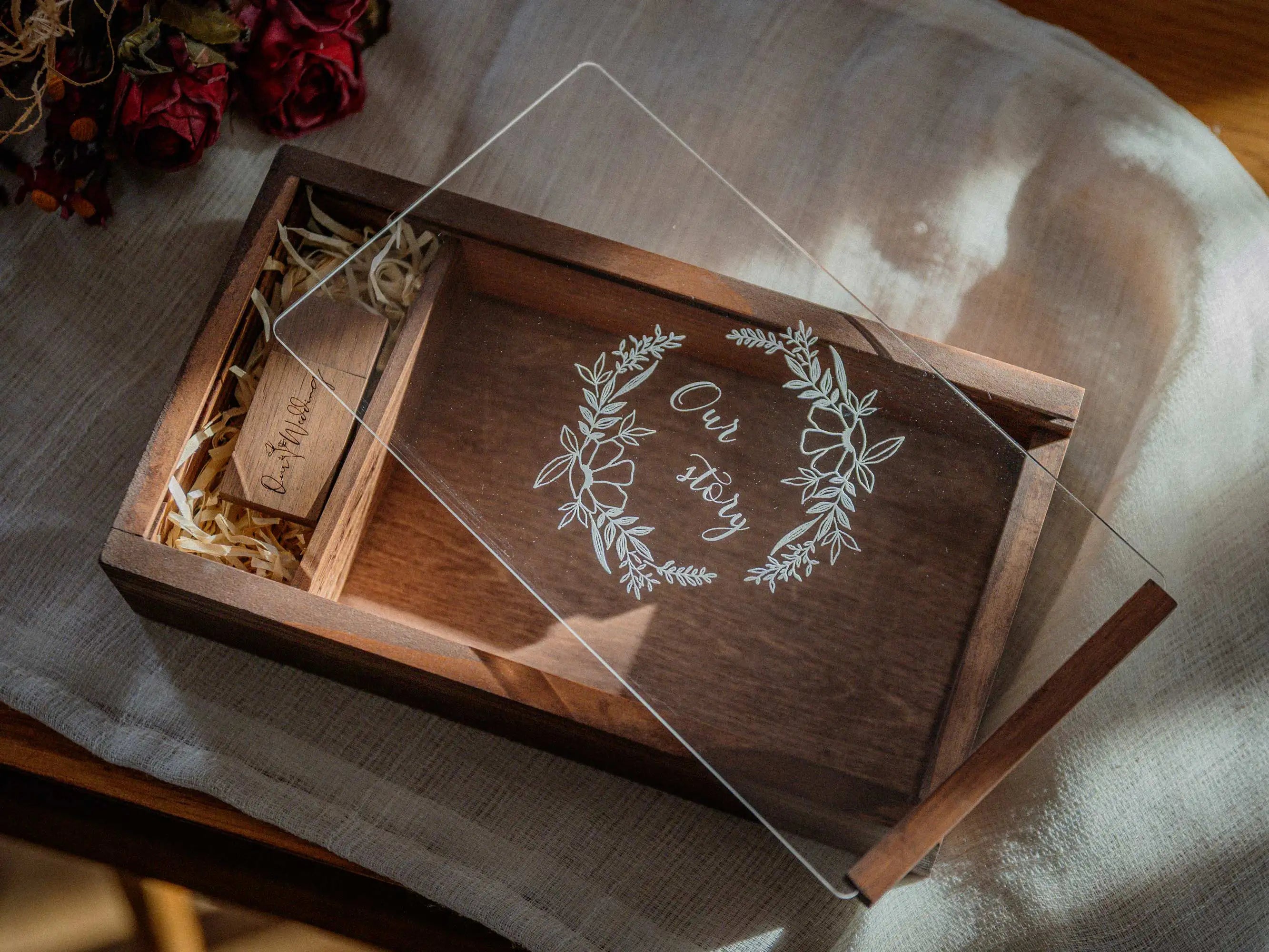 Wooden wedding photo box with personalized acrylic lid and engraved floral design