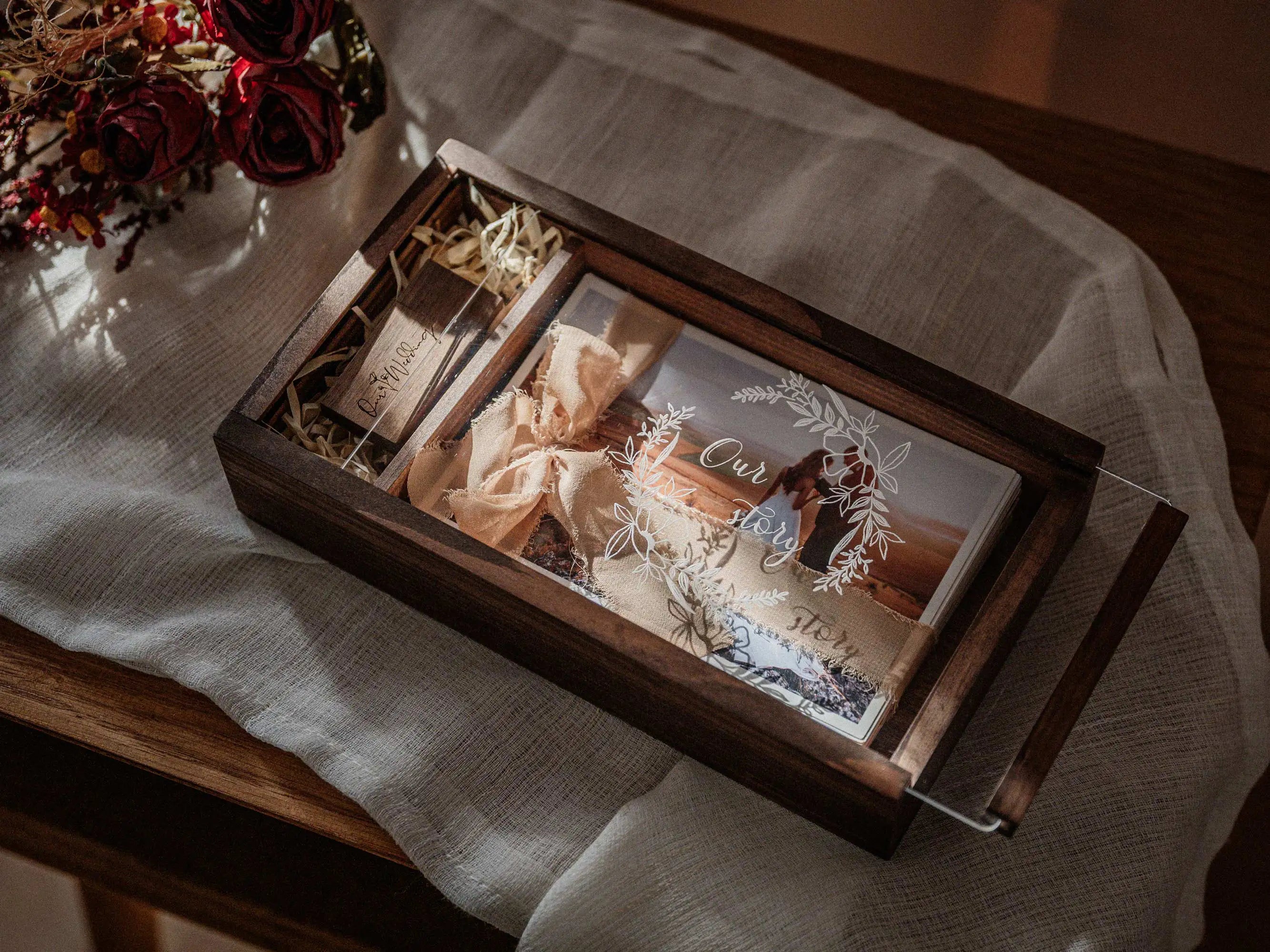 Wooden photo box for prints with USB section, styled as a wedding keepsake gift