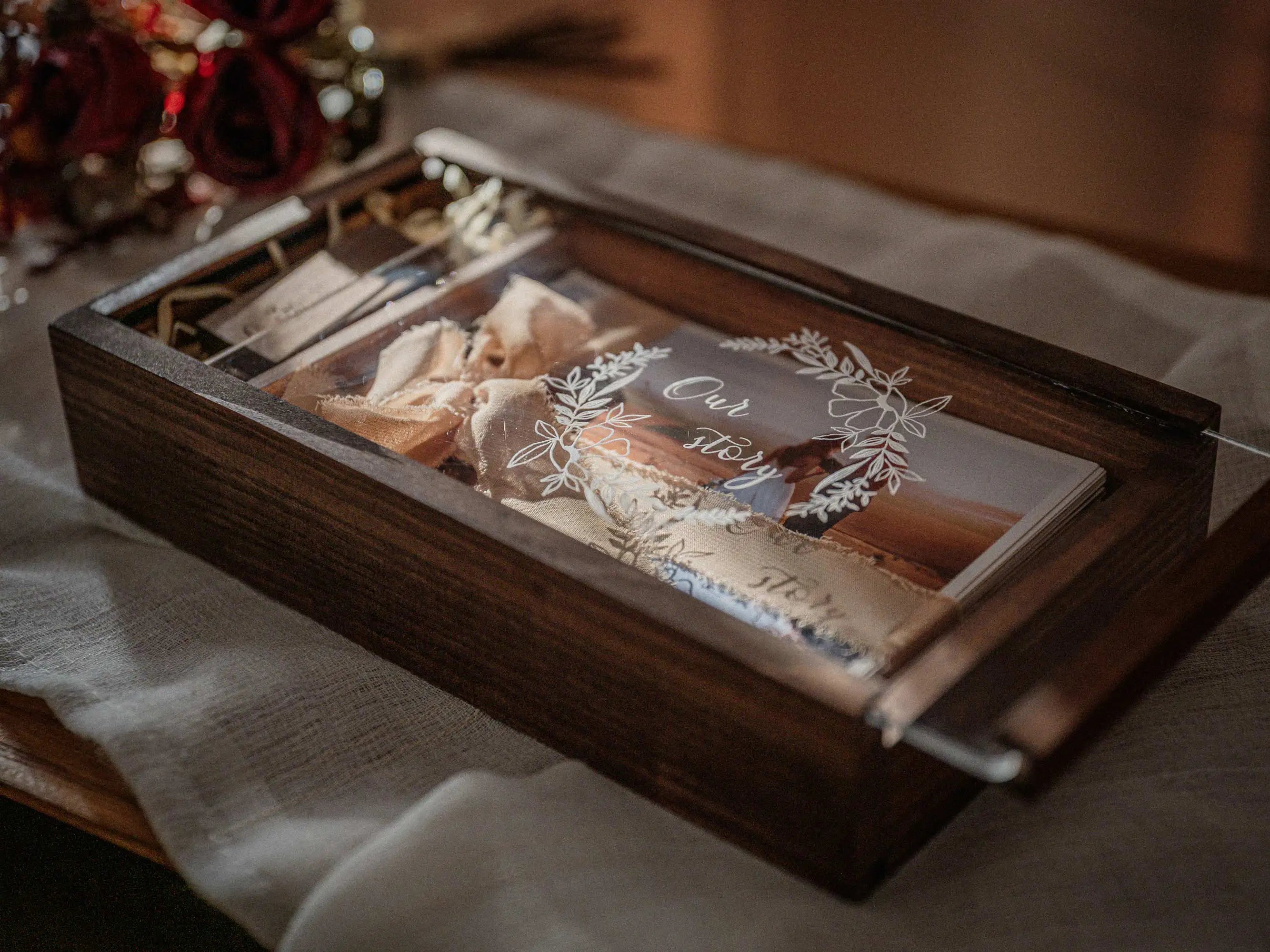 Wooden keepsake photo box with personalized acrylic lid and printed wedding photo