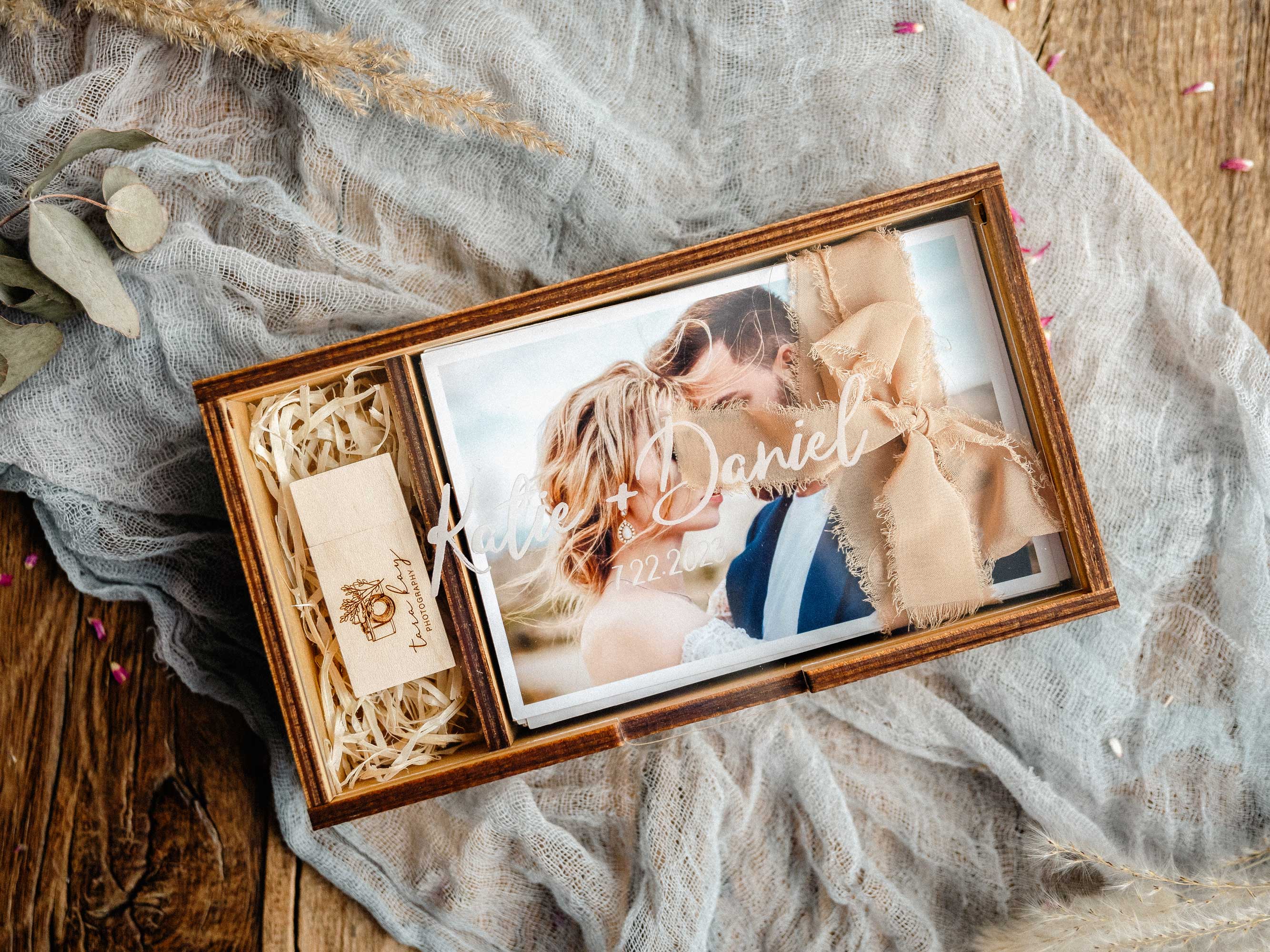 Gold Oak wedding photo box with USB and personalized acrylic lid top view