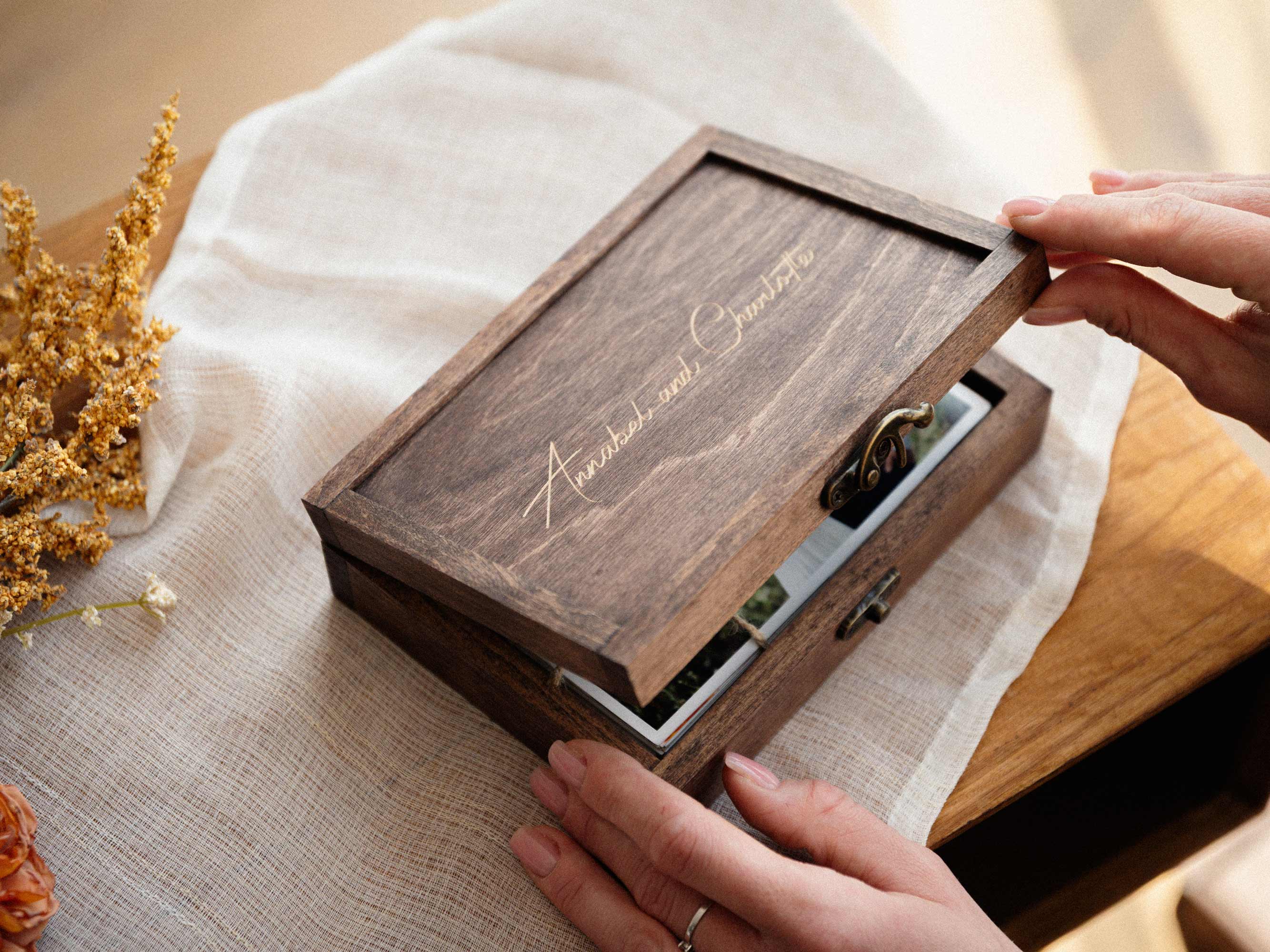 Walnut Classic wooden photo box with personalized engraving for wedding prints