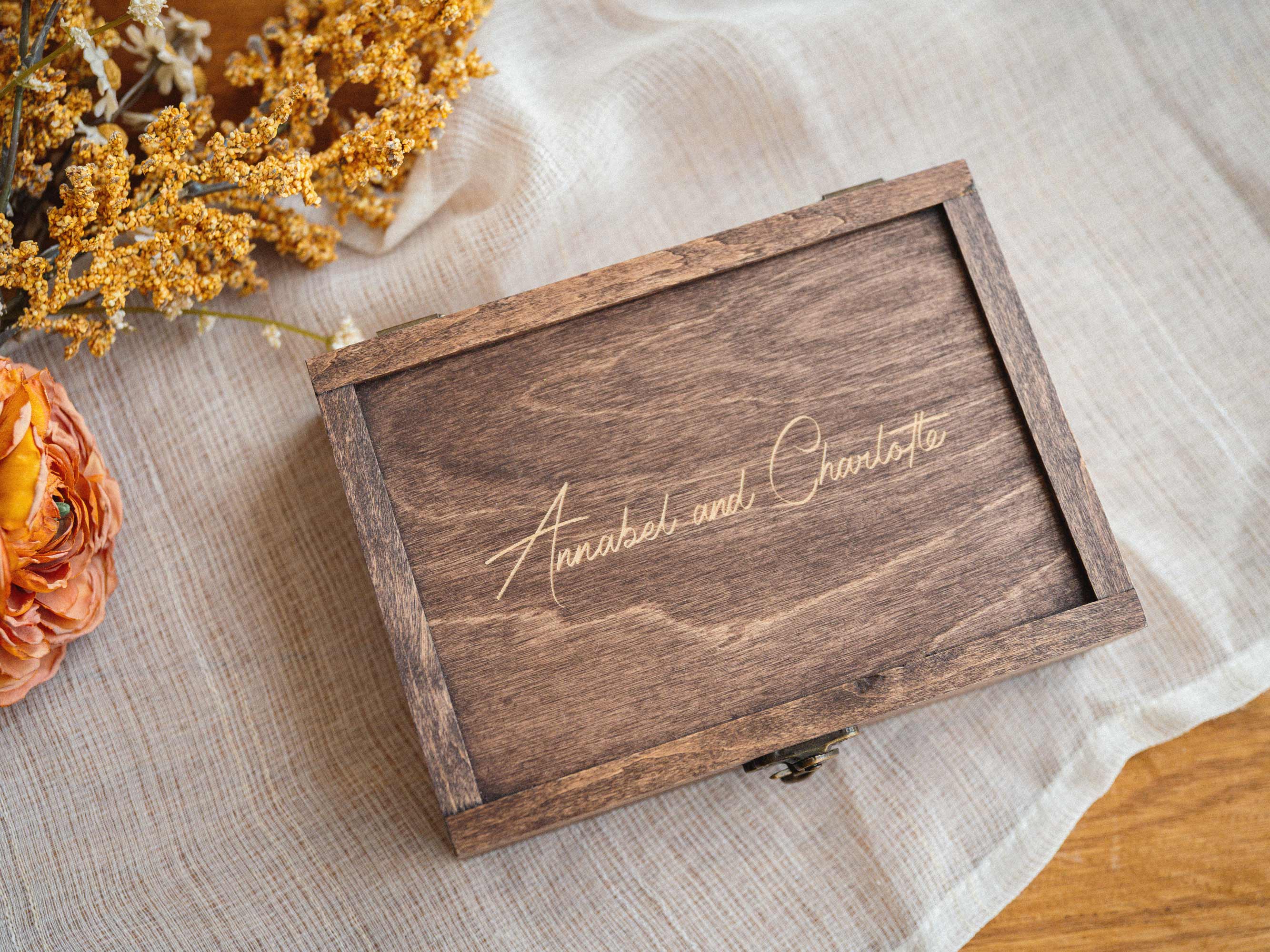 Closed Walnut Classic wooden photo box with custom wedding engraving