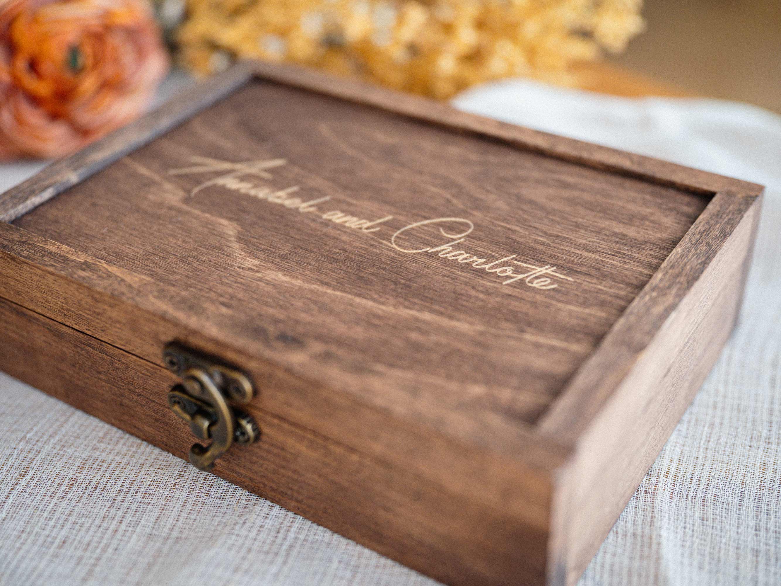 Personalized Walnut Classic wooden photo box with vintage metal clasp