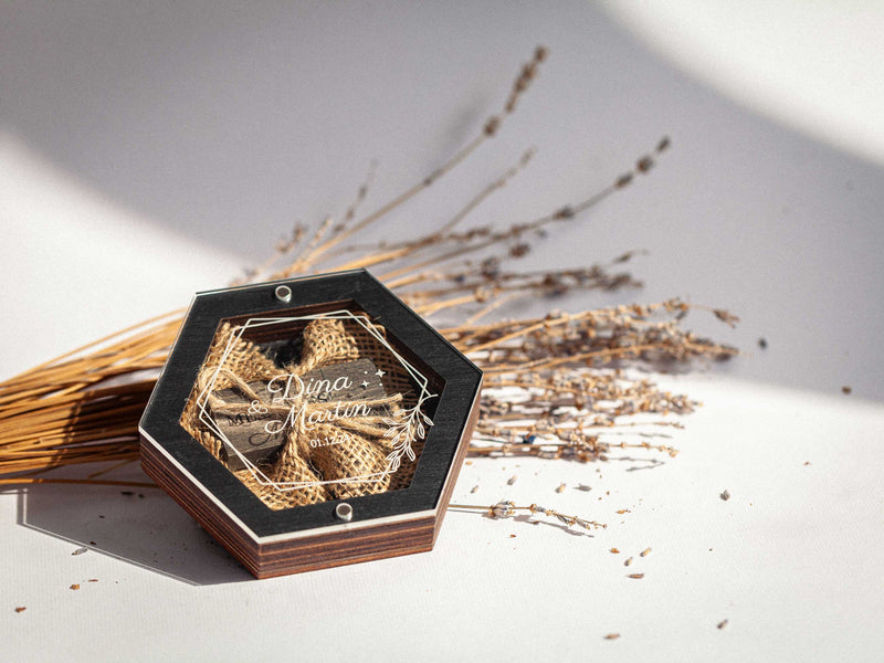Black hexagon wedding USB box with acrylic lid and personalized engraving, rustic photo packaging