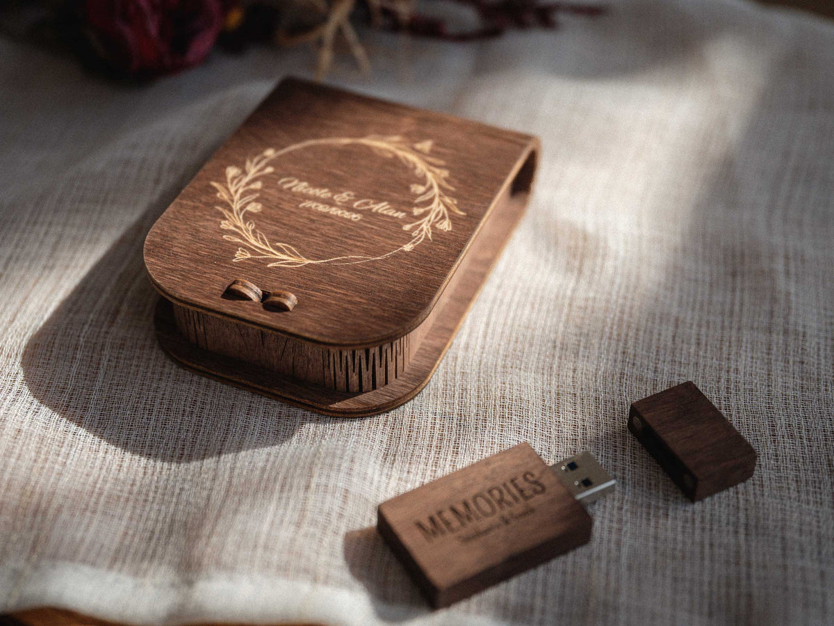 Walnut Wedding USB Box with Personalized Wooden Flash Drive