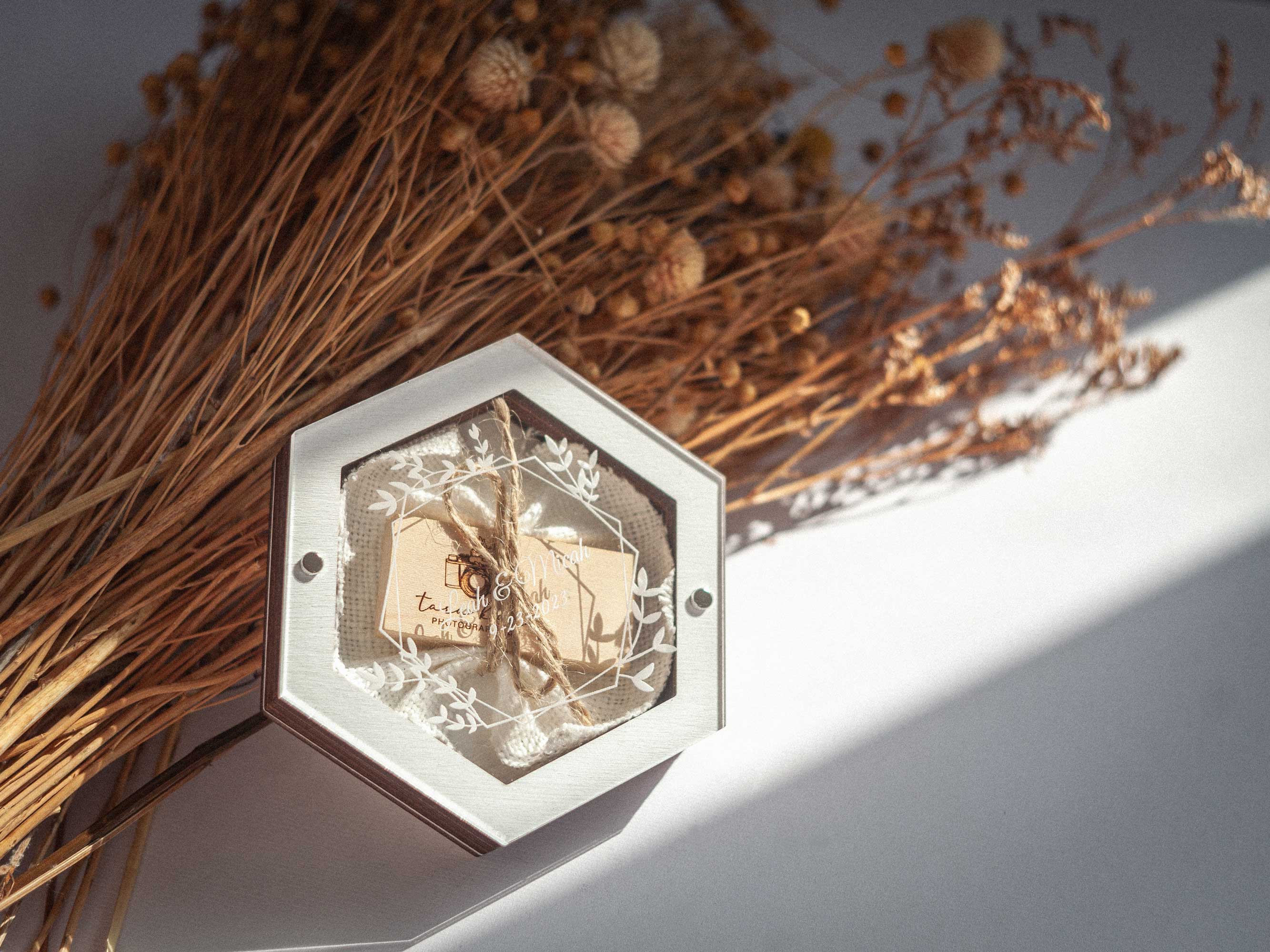 White wedding USB box with personalized acrylic lid and wooden flash drive