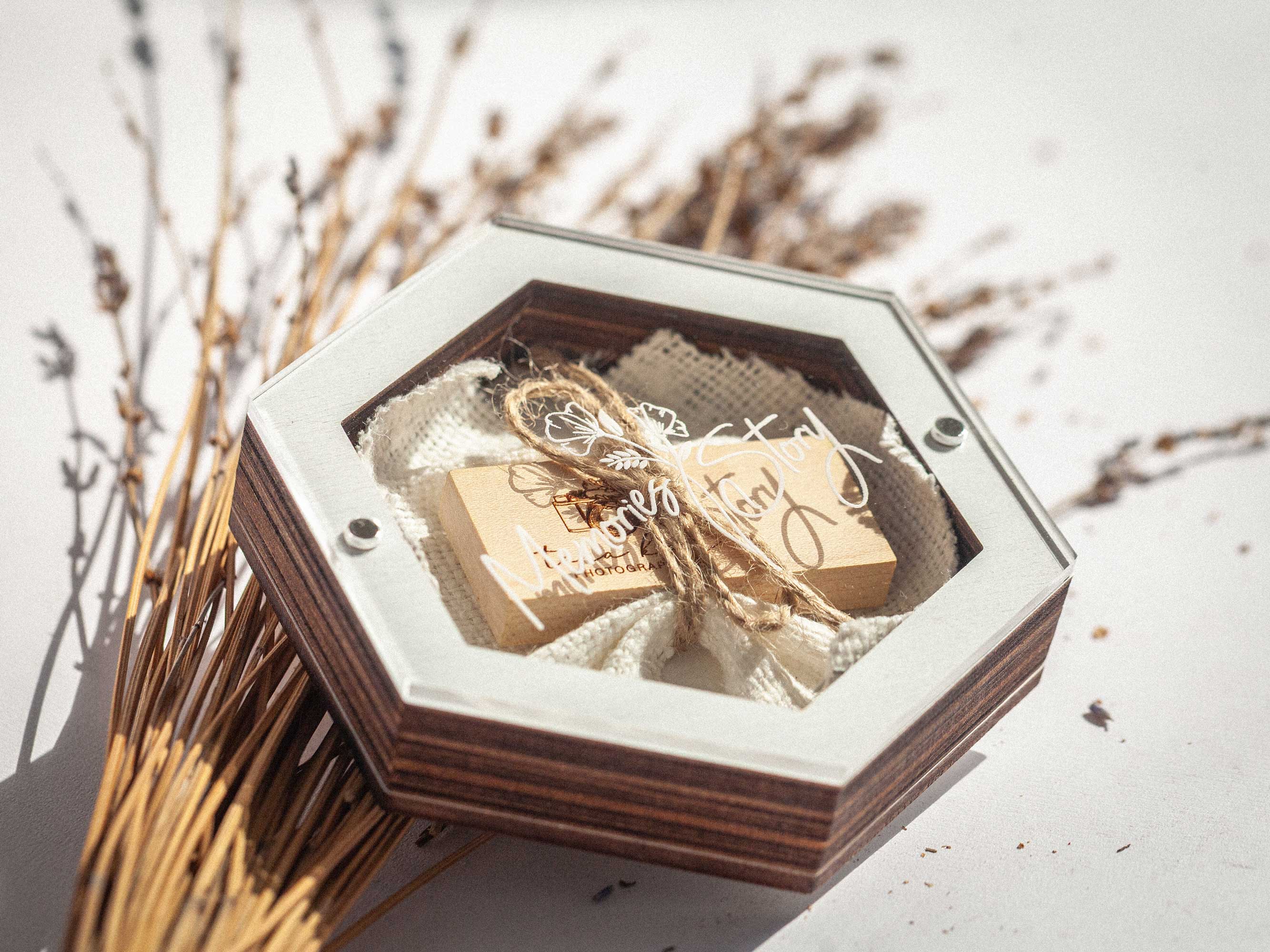 White wooden wedding USB box with engraved acrylic lid for photographers