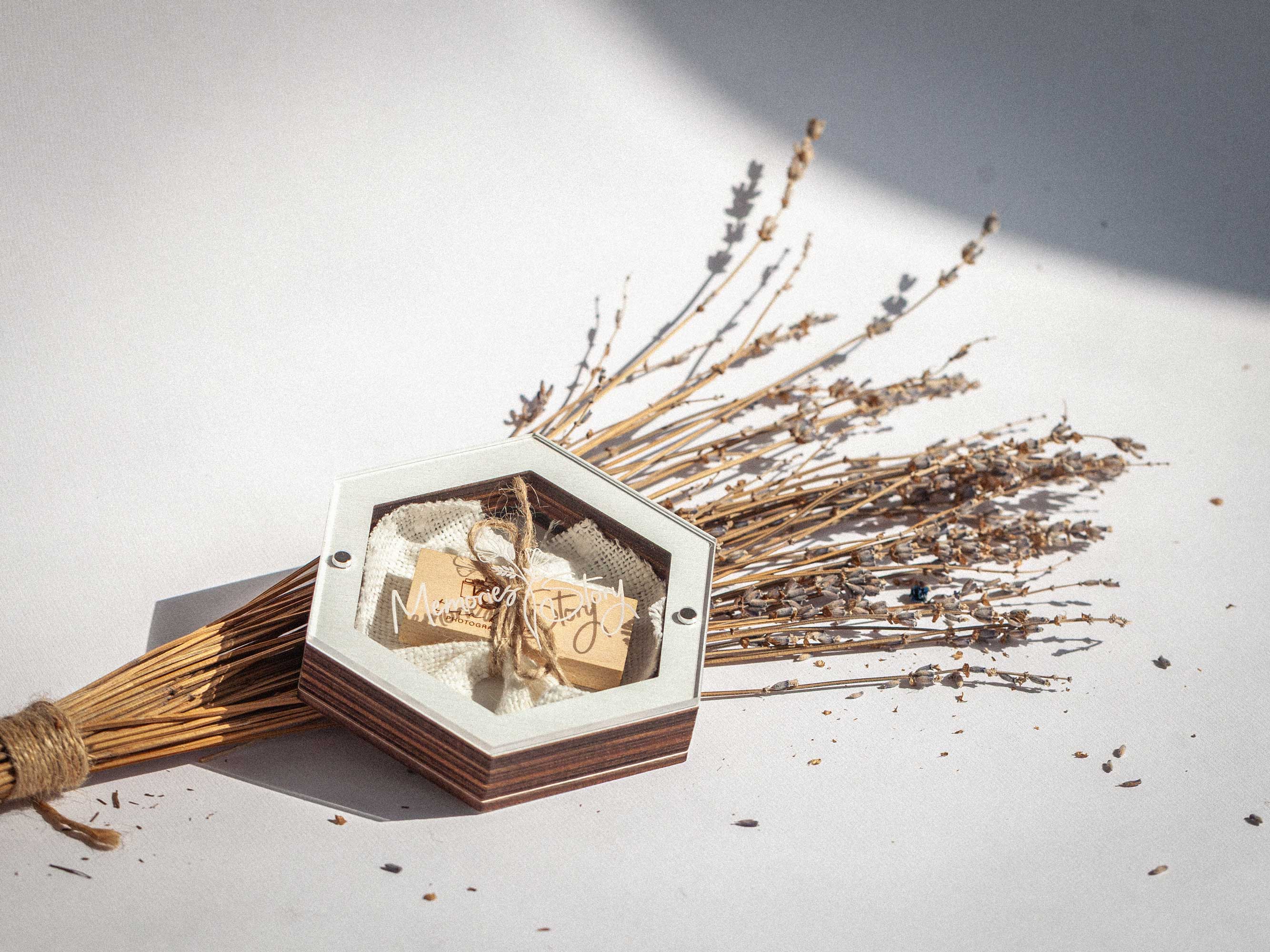 White wedding USB box with wooden flash drive styled for wedding photographers