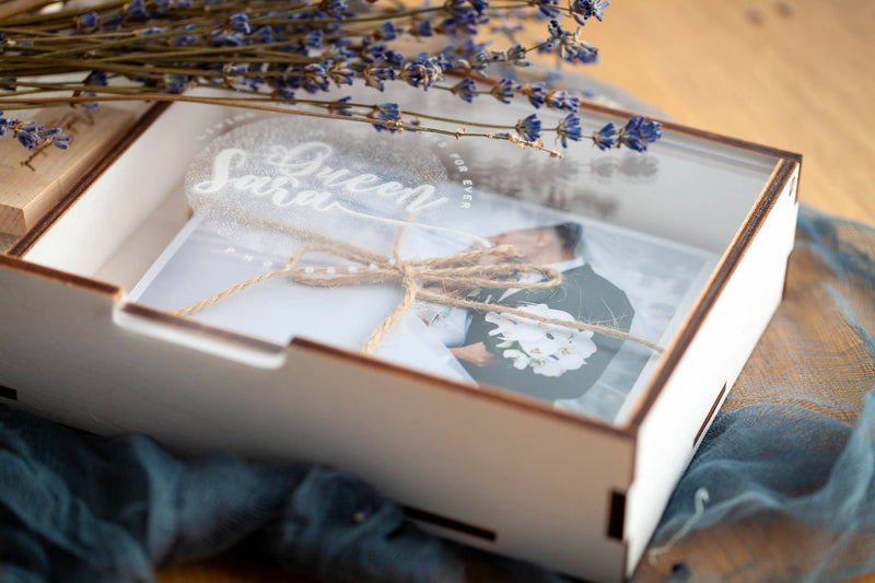 White Wedding Wooden Photo Box with Acrylic Lid