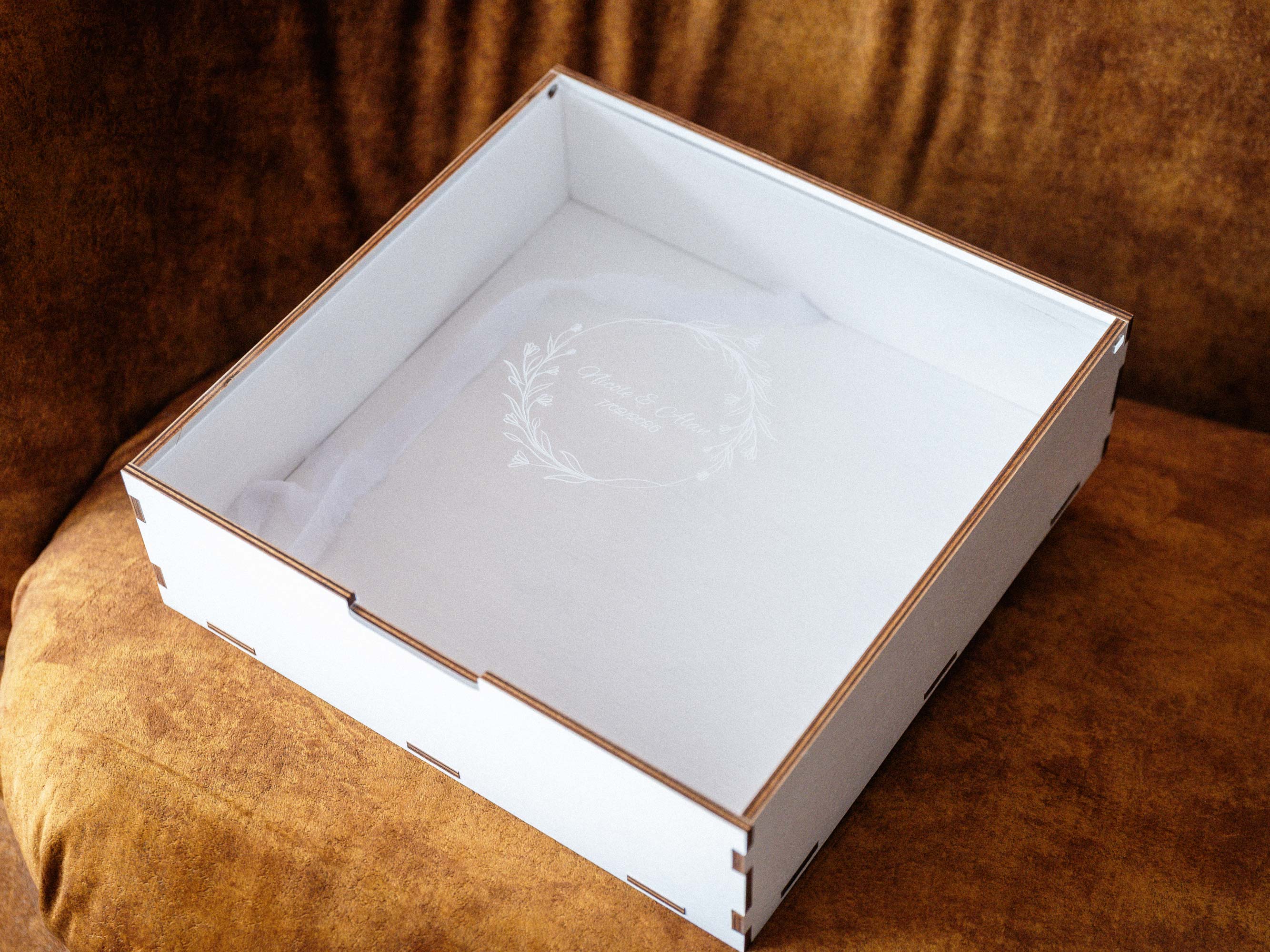 White wooden keepsake box with acrylic lid closed, empty inside view