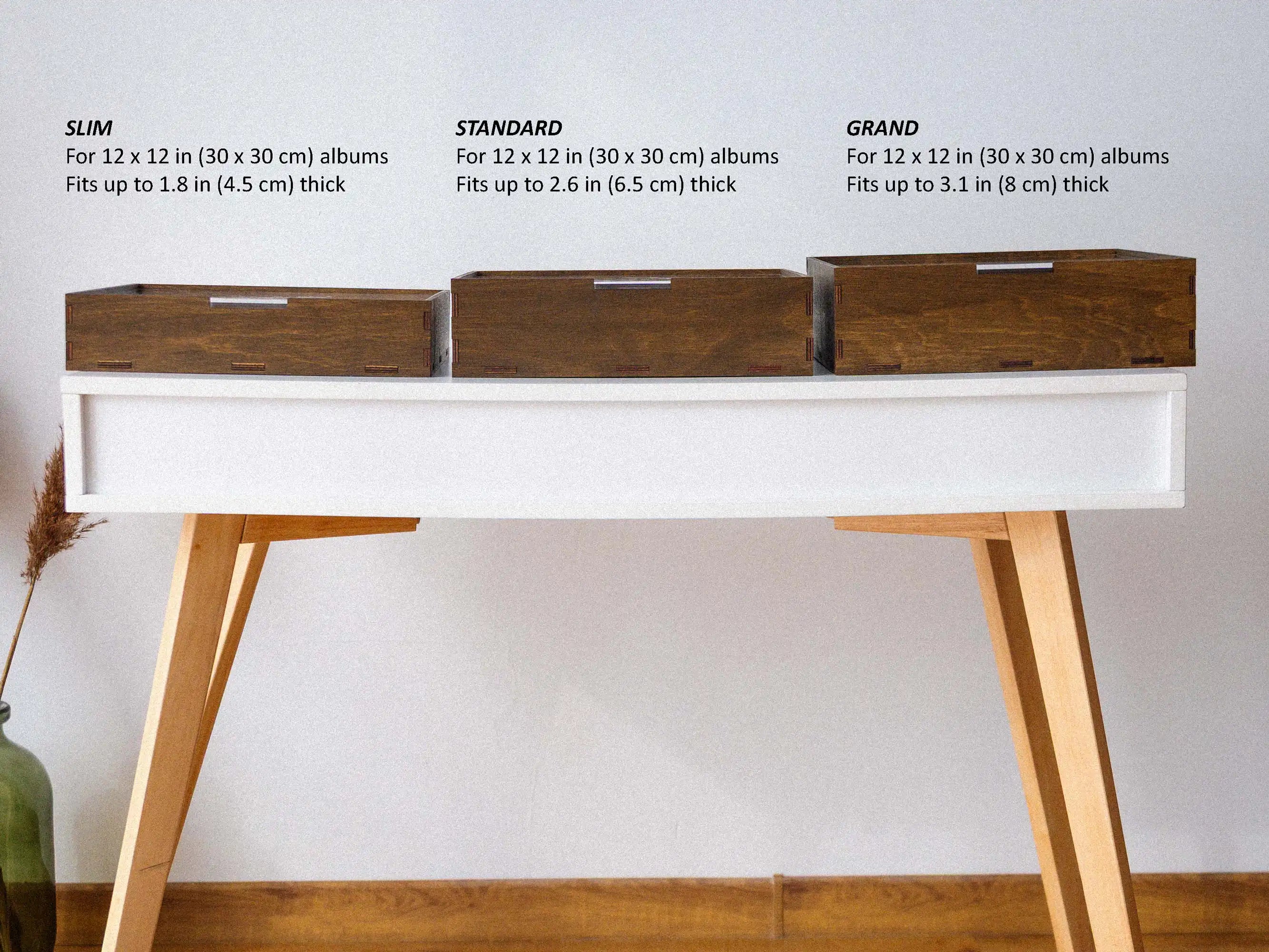 Three depth options of walnut wooden gift box with acrylic lid shown side by side