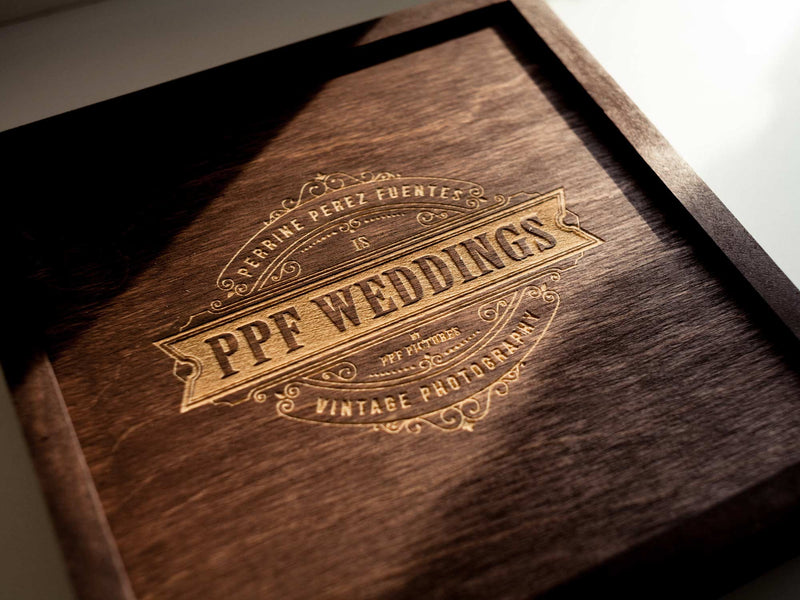 Wooden photo box with USB storage for preserving wedding memories