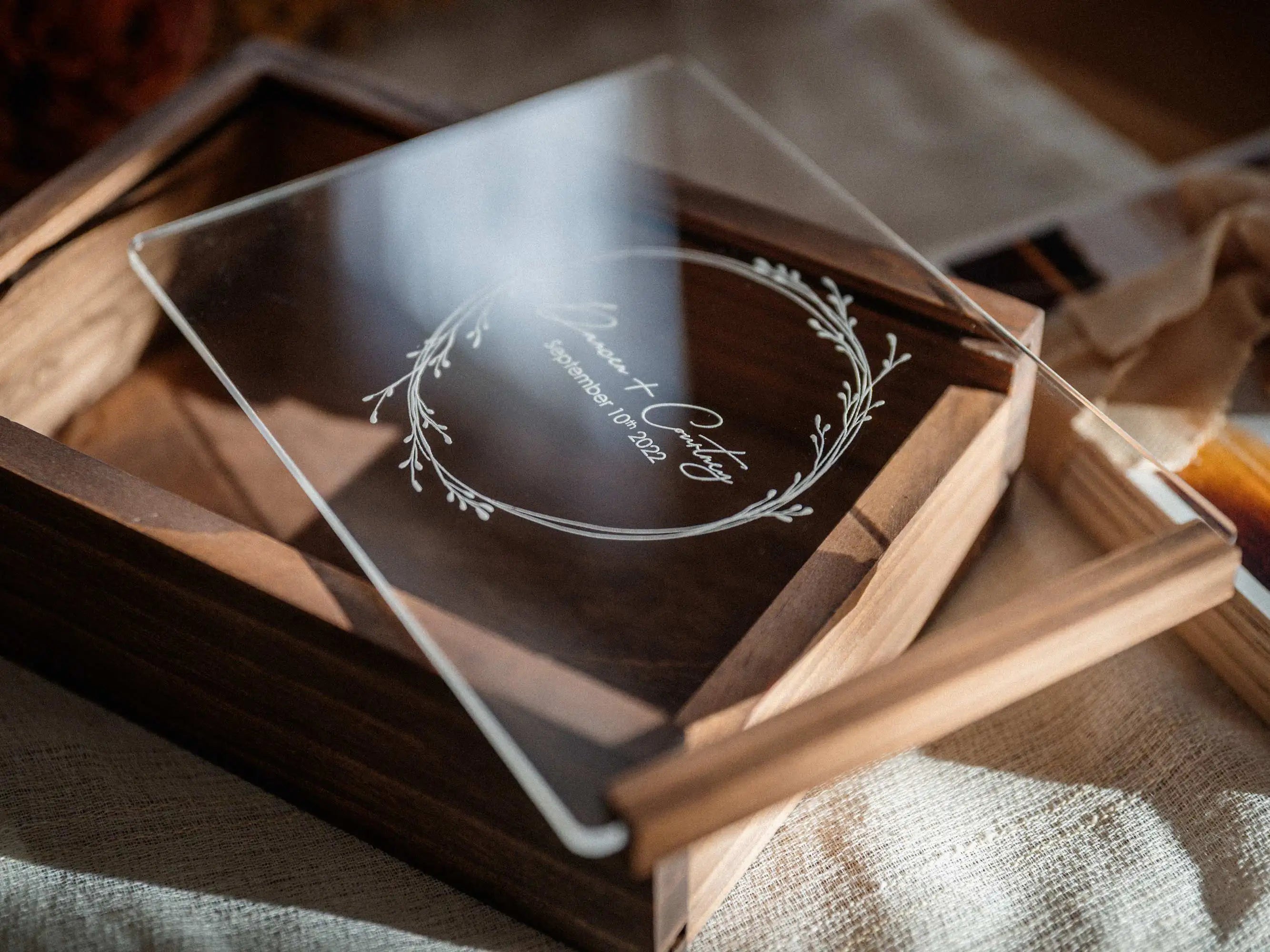 Walnut wooden photo box with acrylic lid removed and wedding print inside