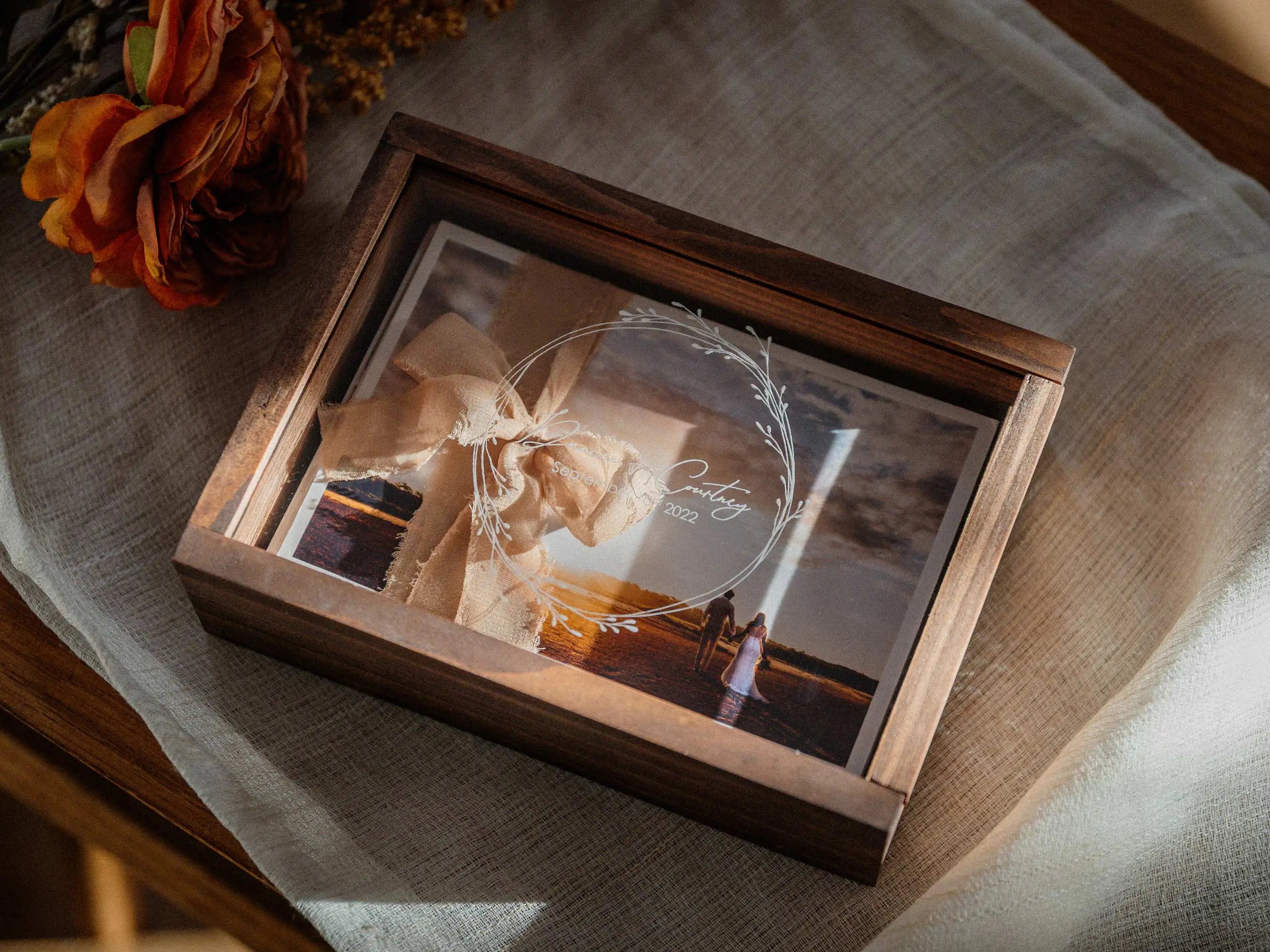 Walnut wooden photo box with personalized acrylic lid and wedding photo print inside