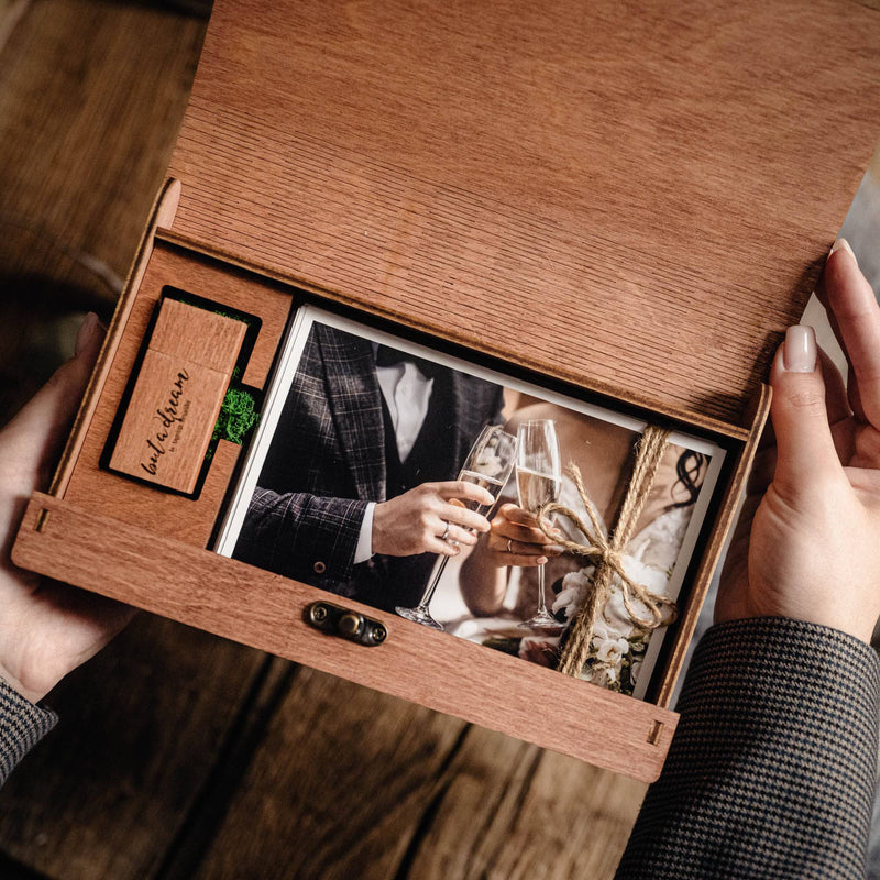 Wooden Photo Box with USB Drive - Personalized Keepsake for Wedding