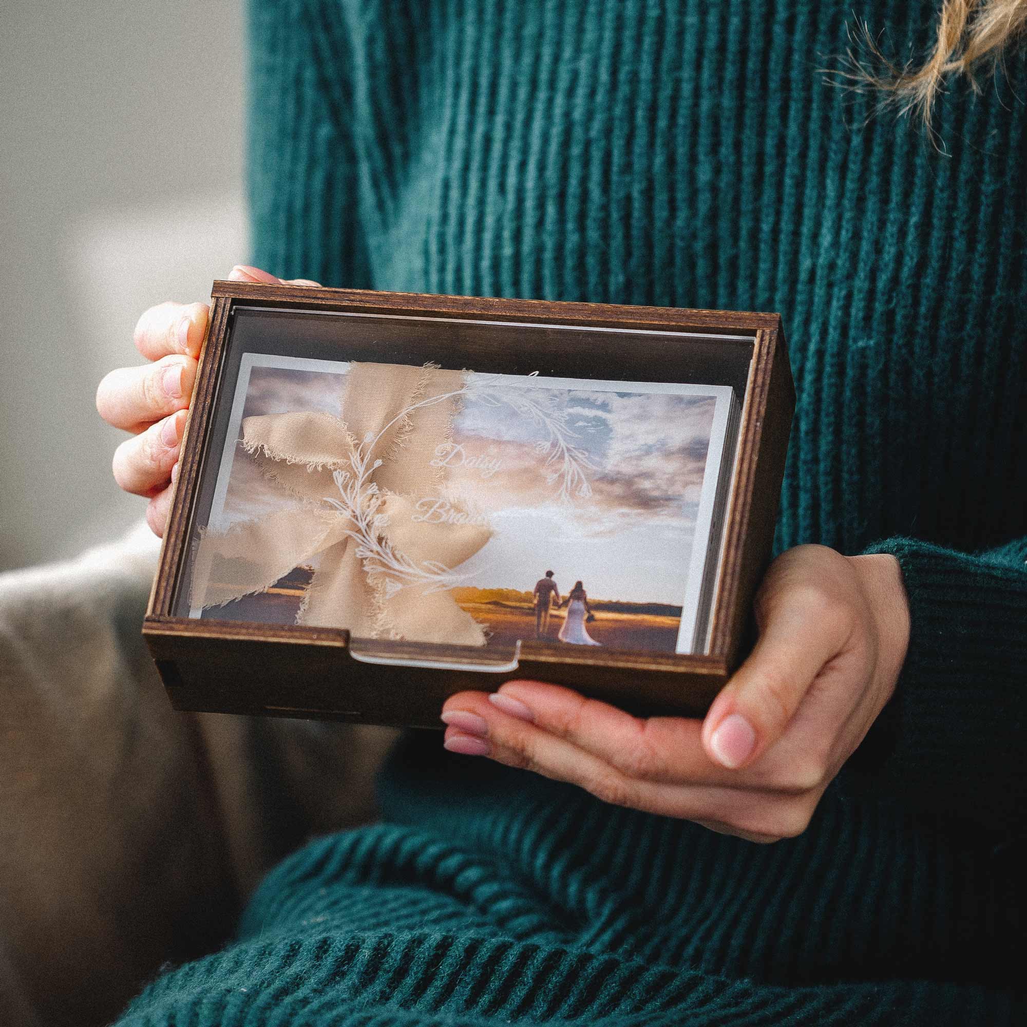 Wooden Photo Box with Personalize Acrylic Lid for Photos