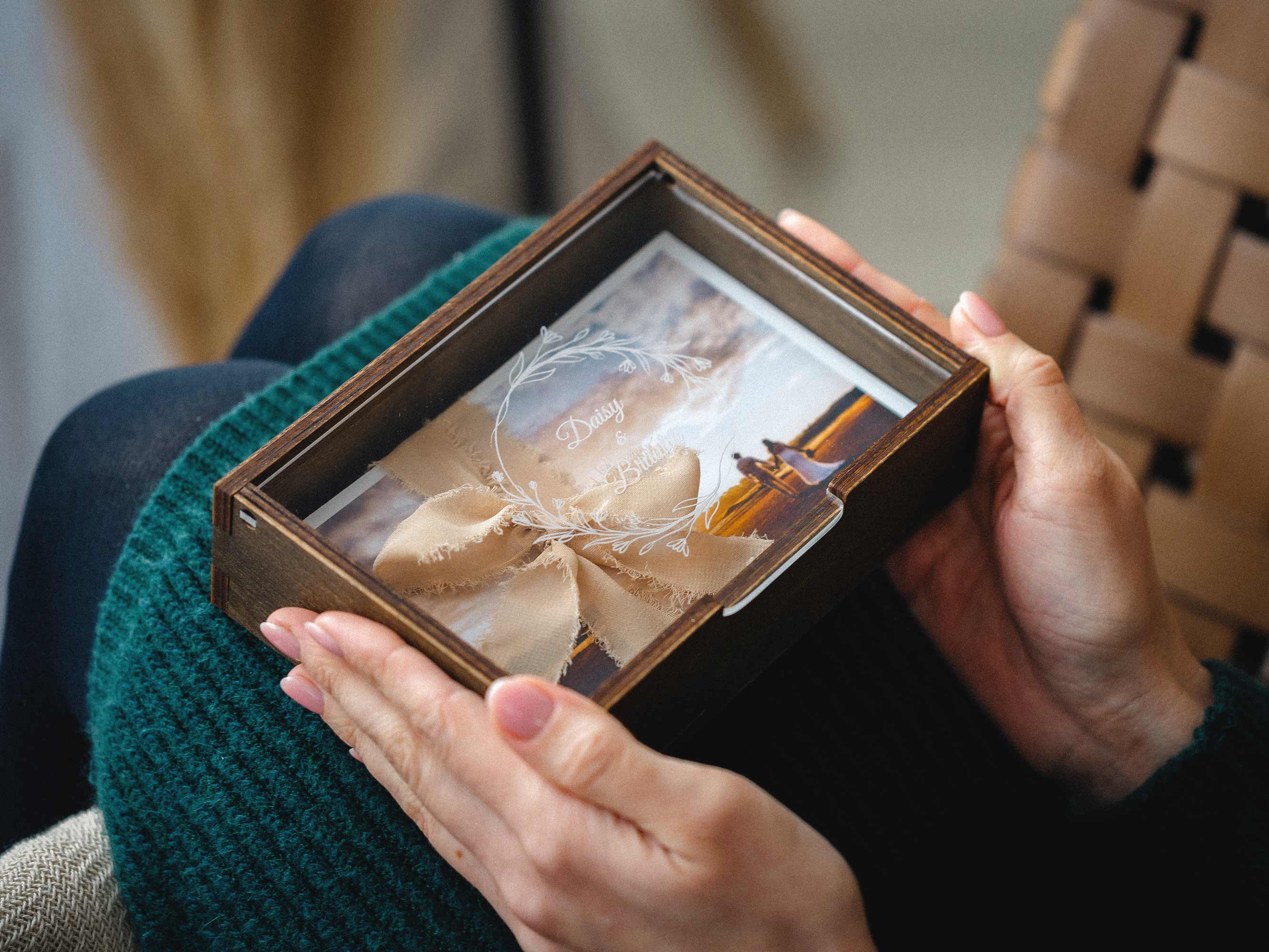 Wooden Photo Box with Personalize Acrylic Lid for Photos